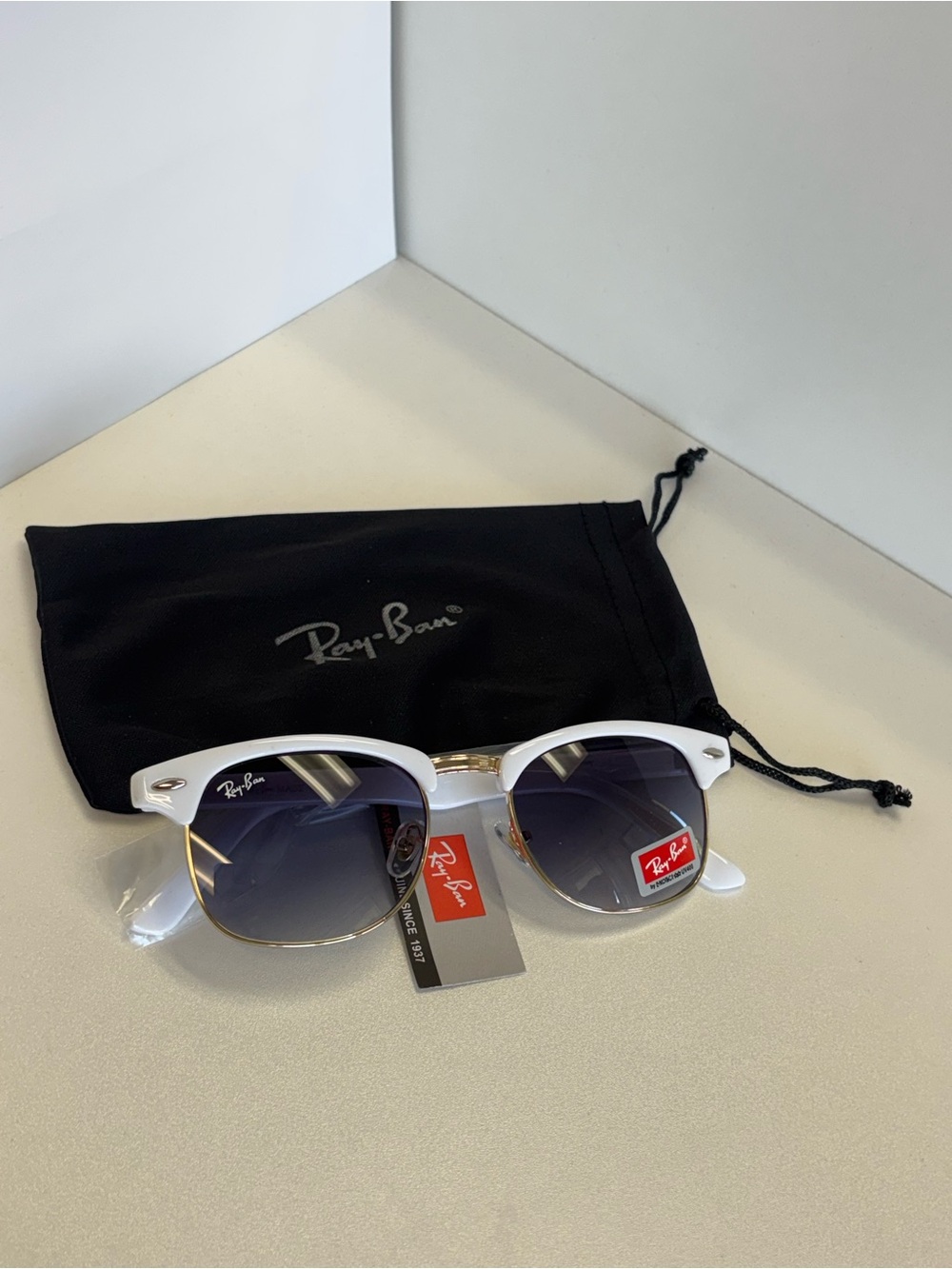 Ray-Ban White and Gold Clubmaster Sunglasses with Gradient Lenses